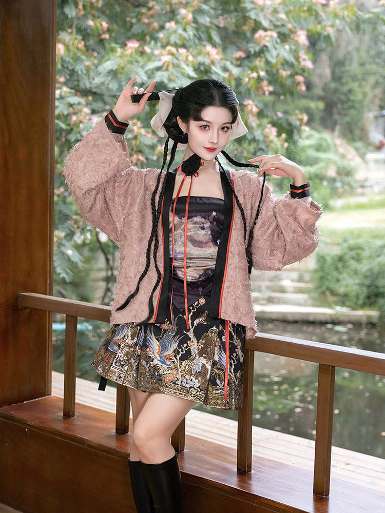 Magpie Herald of Joy – Chinese Magpie and Plum Blossom Brocade Woven Gold Mini Mamianqun Hanfu Skirt-07