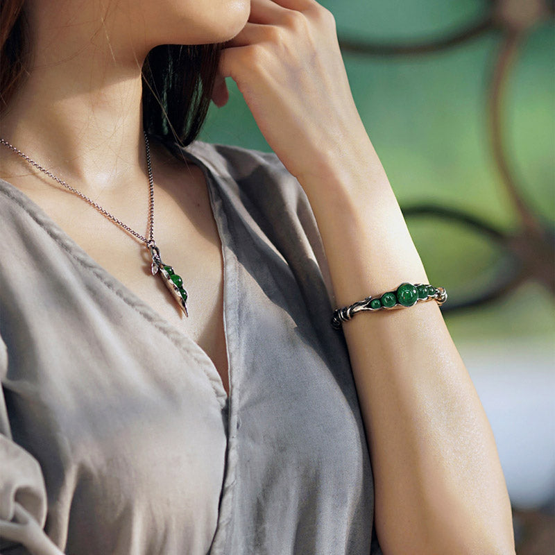 Natural Inspired Handmade 999 Silver Pea Pod Bracelet with Inlaid Jade-07