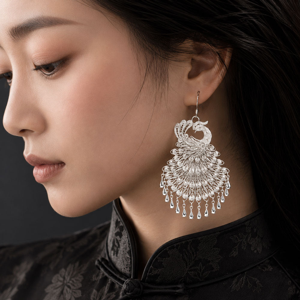 Classic Chinese Phoenix Filigree Statement Earrings in 999 Fine Silver