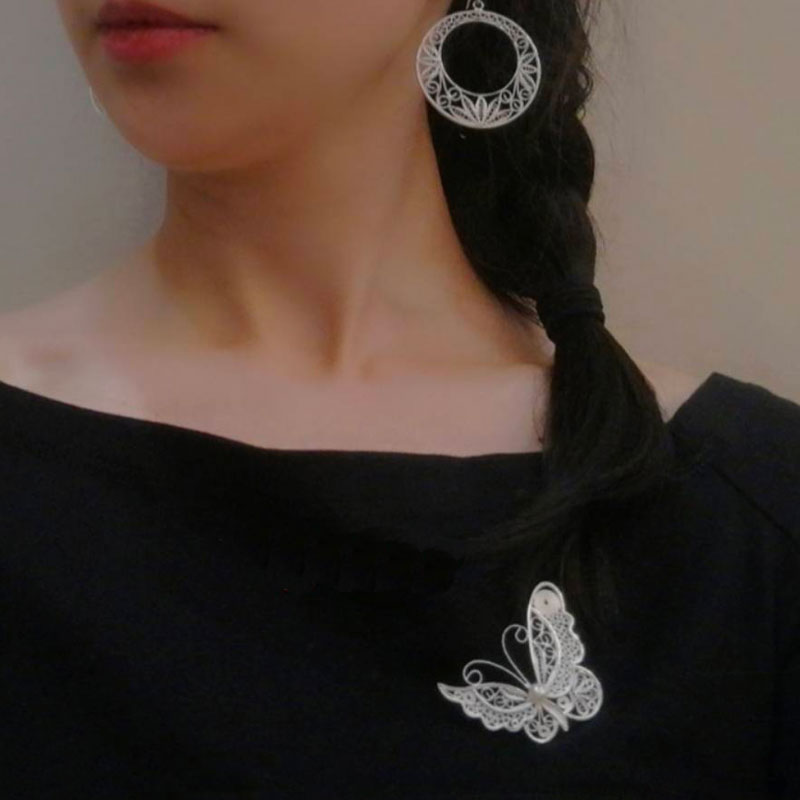 Vintage Plain Silver Filigree Butterfly Brooch Inlaid with Natural Freshwater Pearl-06