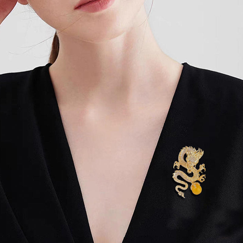 Golden Dragon Playing with Pearl - The Chinese Dragon Loong Brooch with CZ Zodiac Jewelry Gift-07