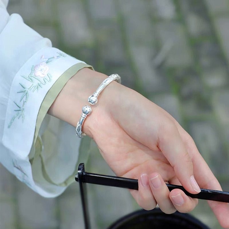 Hand Carved Retro Chinese Lotus Pattern Pure Solid Silver Bangle Bracelet with Pumpkin Shaped Opening-07