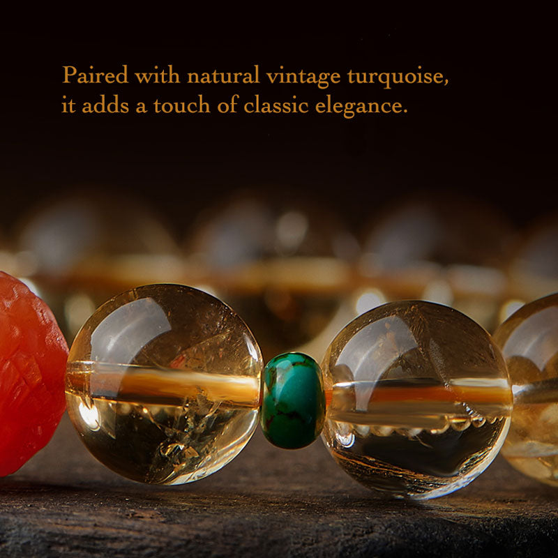 Natural Yellow Citrine Bracelet with South Red Agate Pixiu and Turquoise Beads-05