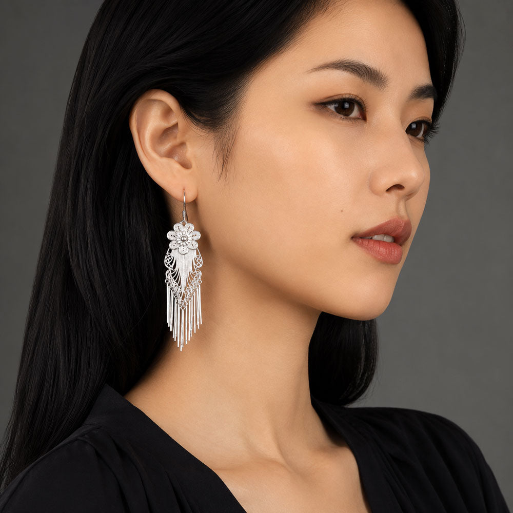 Plum Blossom Filigree Tassel Earrings in 999 Fine Silver-07