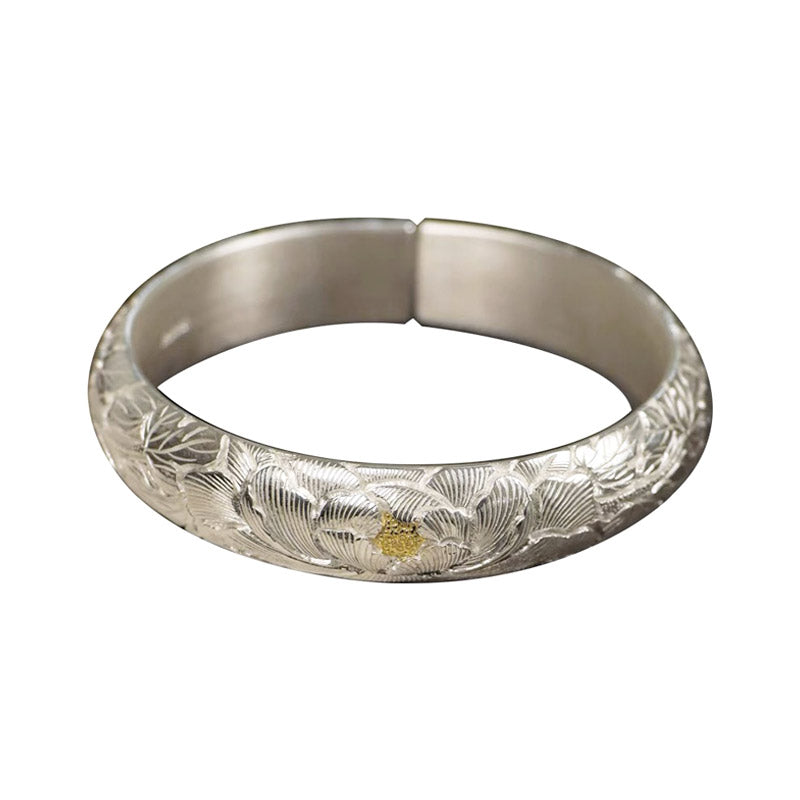 Hand-Carved Chinese Style Vintage Peony Pattern Pure Silver with Gold Inlay Opening Bangle Bracelet-07