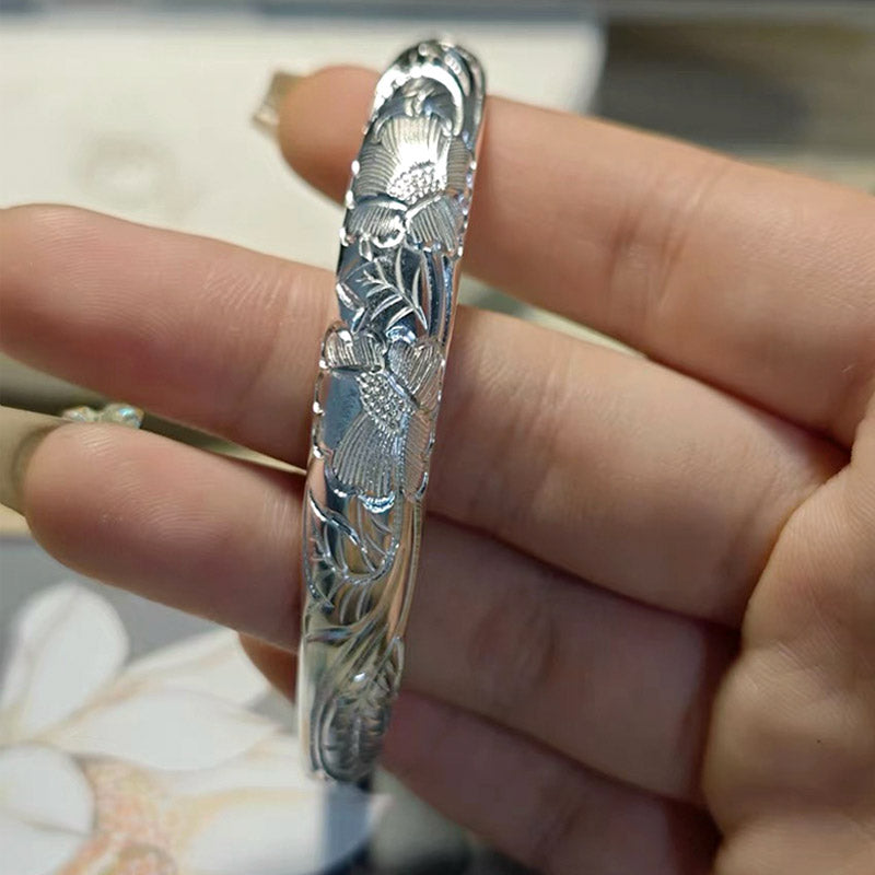 Vintage Chinese Style Hand-Carved Flower Pure Silver Bangle Bracelet for Women-07