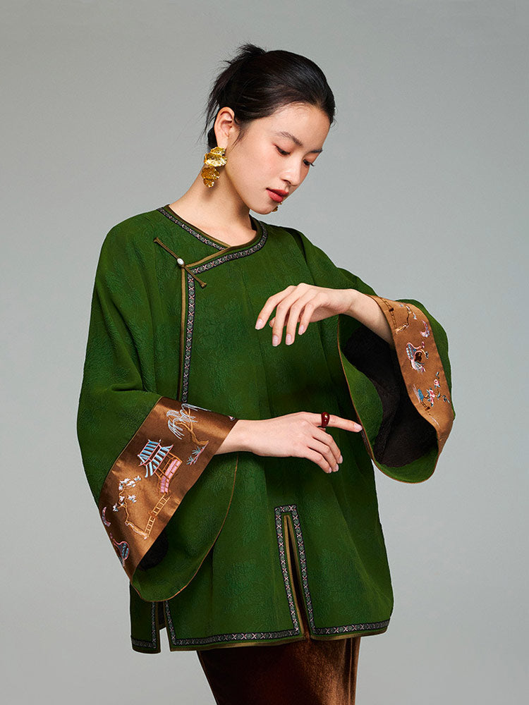 Vintage Green Embroidered Chinese Silk Blouse – Handmade 100% Mulberry Silk Women's Top-06