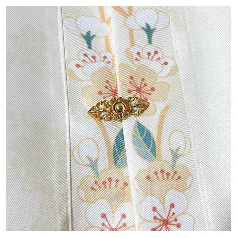 Ming Dynasty Stand-up Collar Beige Printed Front Placket Improved Daily Hanfu Shirt Top-06