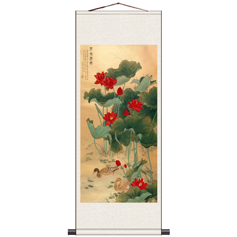 Traditional Chinese Painting Mandarin Ducks and Ink Lotus, Mandarin Ducks Playing in Water Silk Scroll Hanging Painting-07