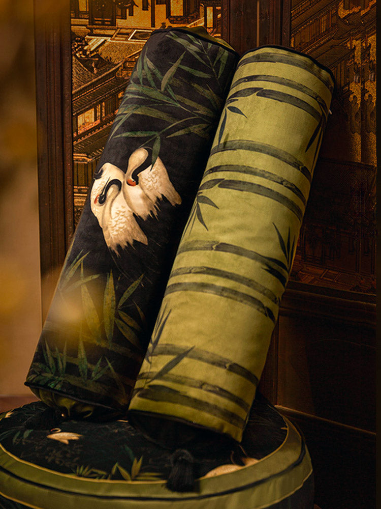 Chinese Style Long Cylinder Bolster Pillow with Auspicious Crane and Bamboo Print Decorative Throw Pillow-08