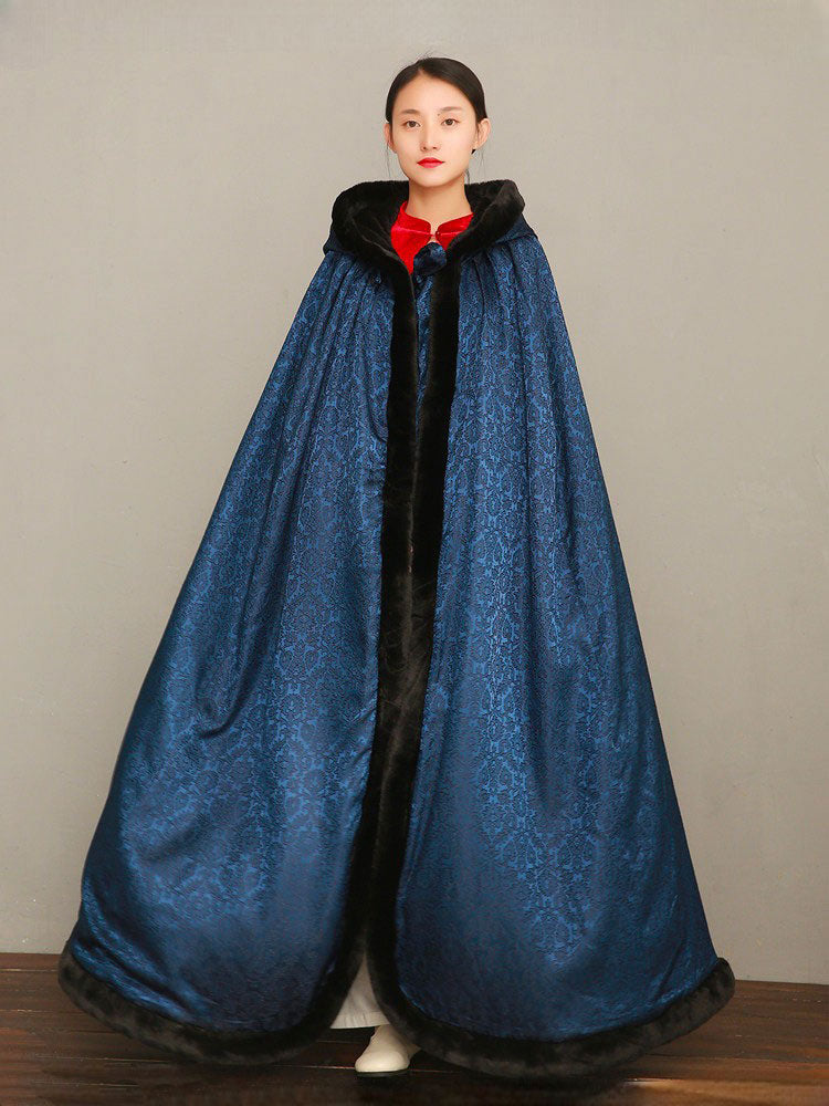Classic Chinese Cloud & Floral Jacquard Long Cloak Cape