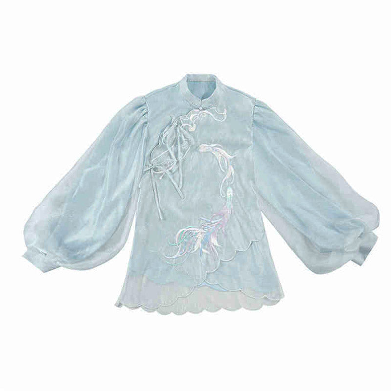 Spiritual Fish and Sea Waves – Dreamy Blue Hanfu Set with Horse Face Skirt Mamianqun Set-08