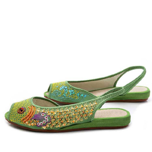 Sprout Green Embroidered Peep Toe Low Cut Flats-02