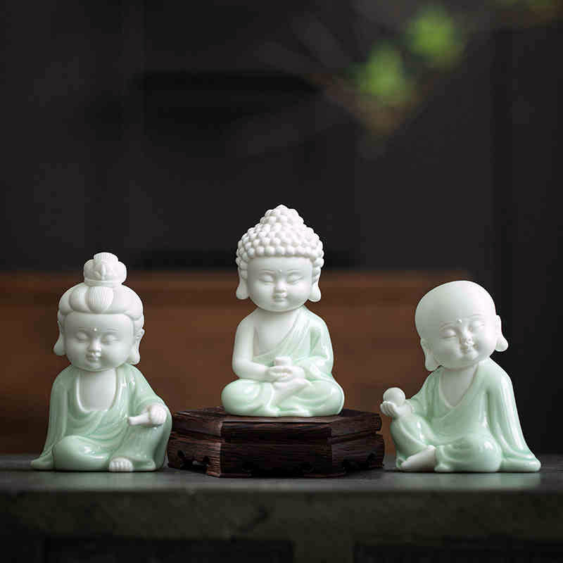 Handcrafted Celadon Chinese Zen-Style Ceramic Buddha Statue-07