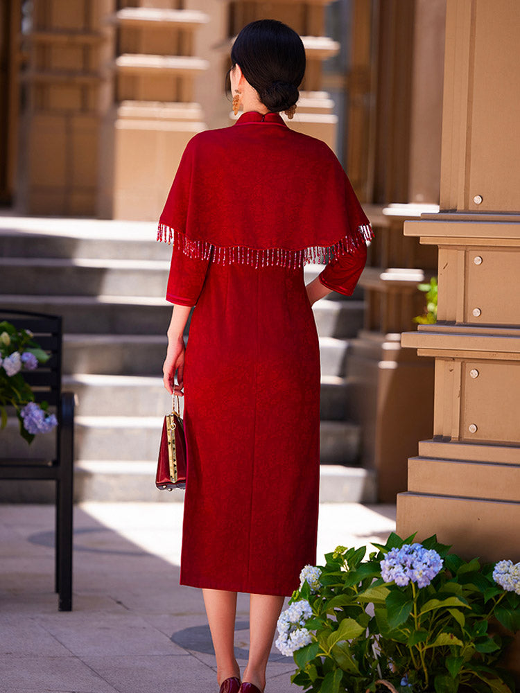 Burgundy Dark Pattern Embroidery Jacquard Cheongsam Dress with Tassel Shawl Two-Piece Set Wedding Celebration Attire for Women-04