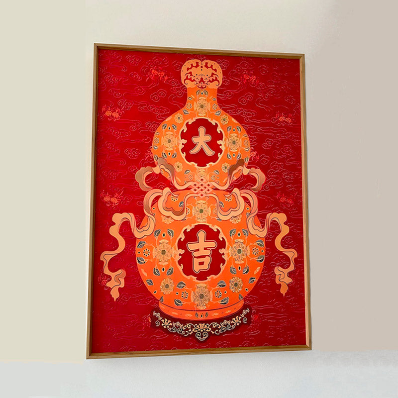 Chinese Auspicious Red Fortune, Prosperity, and Longevity Gourd Decorative Painting-08
