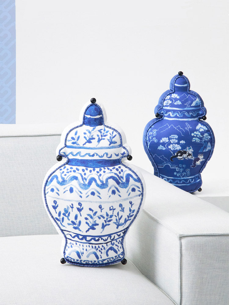Chinese Classic Blue and White Double-Sided Printed Vase Shaped Throw Pillow Cushion-07