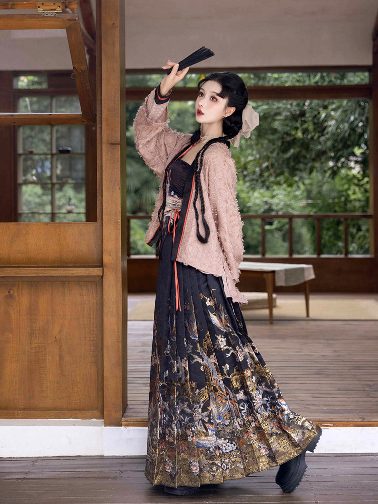 Magpie Herald of Joy – Chinese Magpie and Plum Blossom Brocade Woven Gold Mamianqun Hanfu Skirt-06