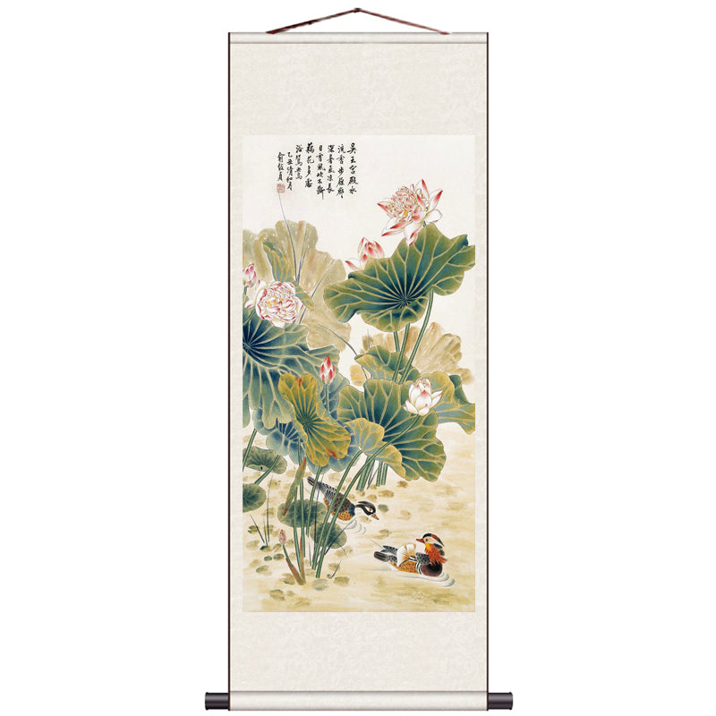 Traditional Chinese Painting Mandarin Ducks and Ink Lotus, Mandarin Ducks Playing in Water Silk Scroll Hanging Painting-08
