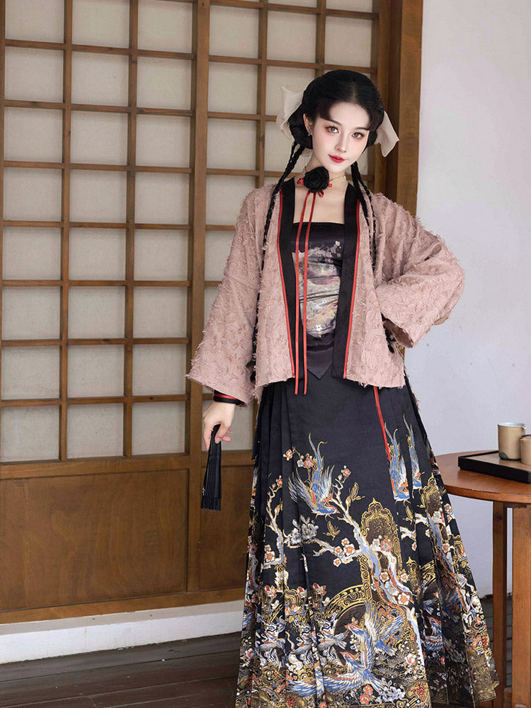 Magpie Herald of Joy – Chinese Magpie and Plum Blossom Brocade Woven Gold Mamianqun Hanfu Skirt-08