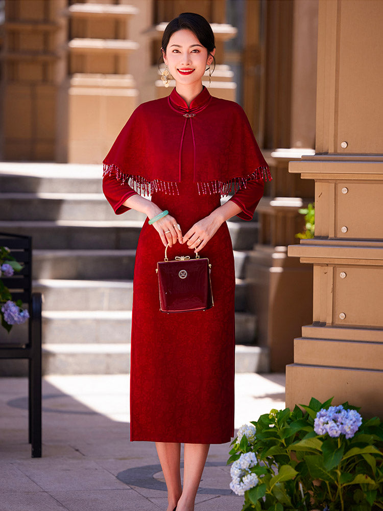 Burgundy Dark Pattern Embroidery Jacquard Cheongsam Dress with Tassel Shawl Two-Piece Set Wedding Celebration Attire for Women-05