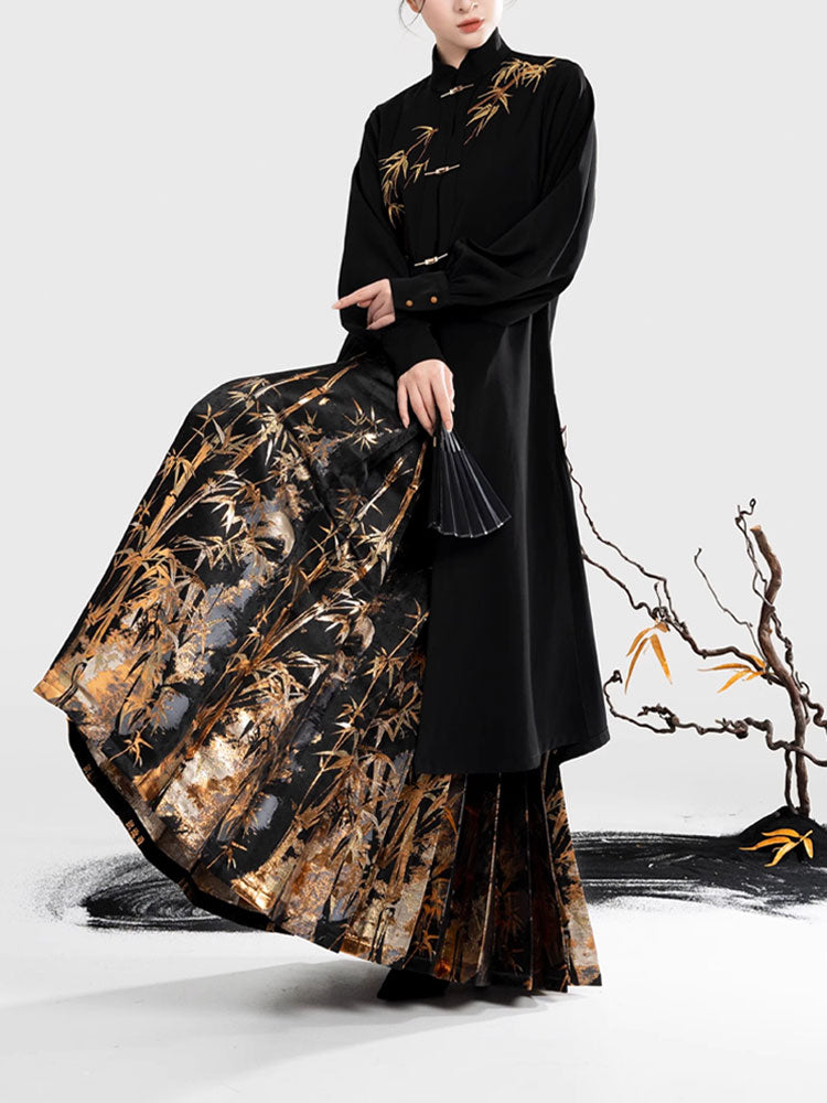 Golden Bamboo Ink Wash - Woven Gold Ma Mian Qun Hanfu Skirt-07