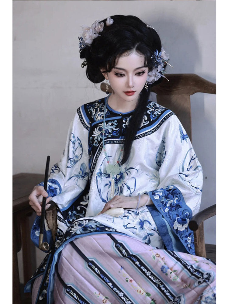 Vintage Han Elements Blue and White Porcelain Printed Jacquard Top for Women-06
