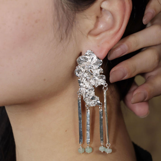 Orchid Cluster S930 - Handforged Chinese Phalaenopsis Earrings in Sterling Silver with Jadeite Beaded Tassels-02