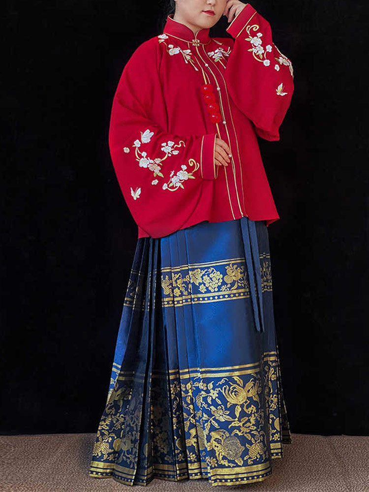 Person wearing a red embroidered top and blue skirt with gold patterns