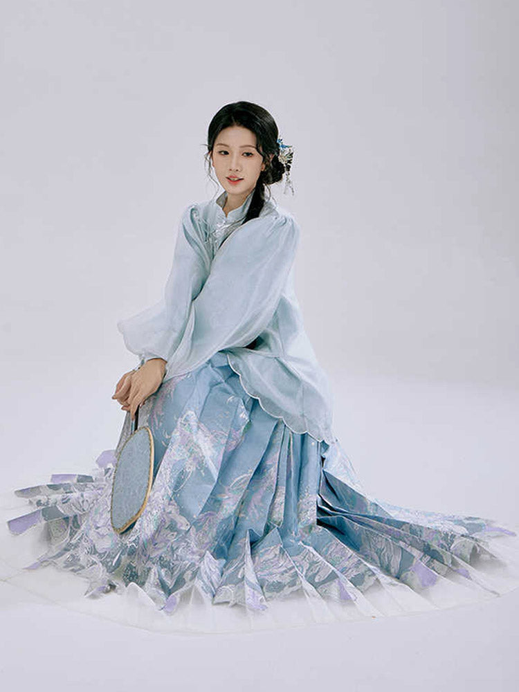 Spiritual Fish and Sea Waves – Dreamy Blue Hanfu Set with Horse Face Skirt Mamianqun Set-09