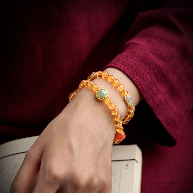 Double Circle Natural Clear Citrine Bracelet with Hetian Jade Multiple Gemstones-06