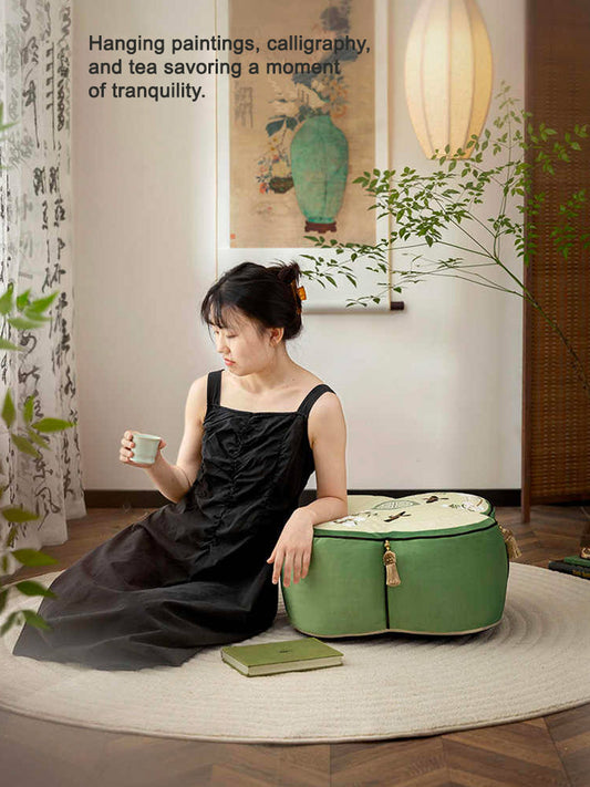 Jade Magnolia at Spring Dawn - Chinese Printed Meditation Pouf Pillow Floor Cushion