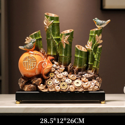 Rising Prosperity - Bamboo Bird Gold Ingot Creative Chinese Feng Shui Ornament with Pomegranate Fortune Pouch-01