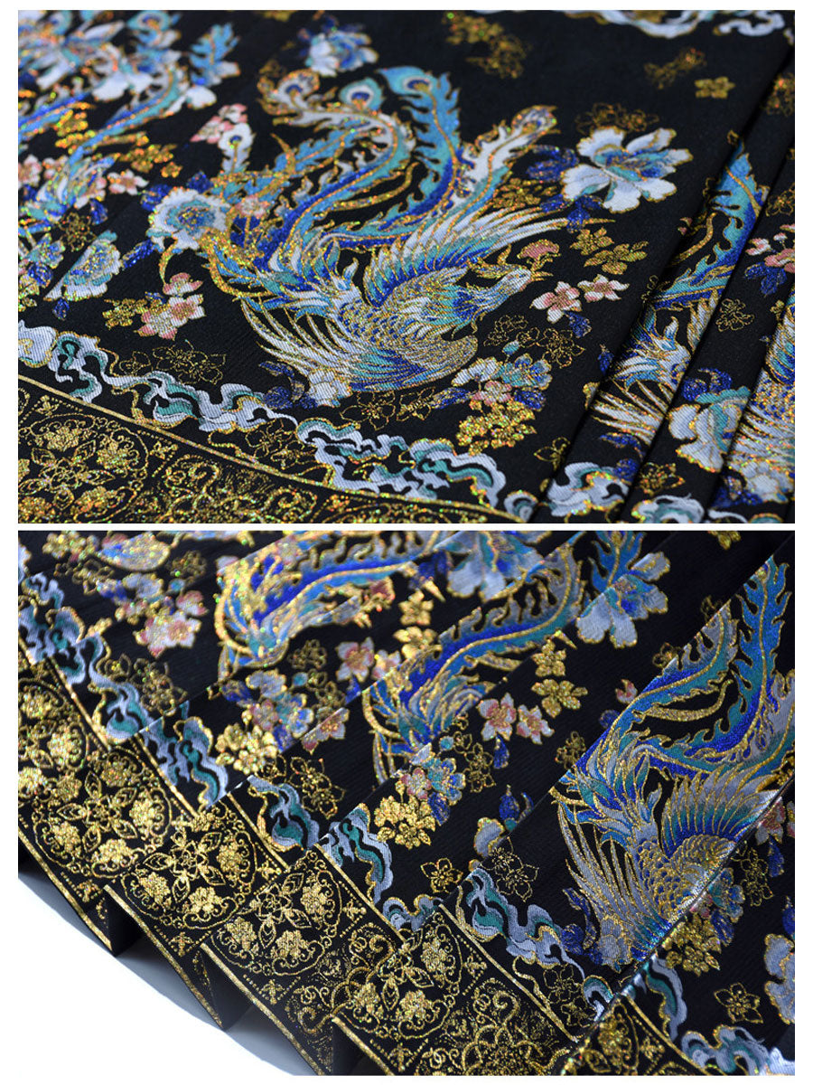 Phoenix in Flight Brocade Mamian Skirt – Ming-Style Woven Gold Hanfu Skirt-11