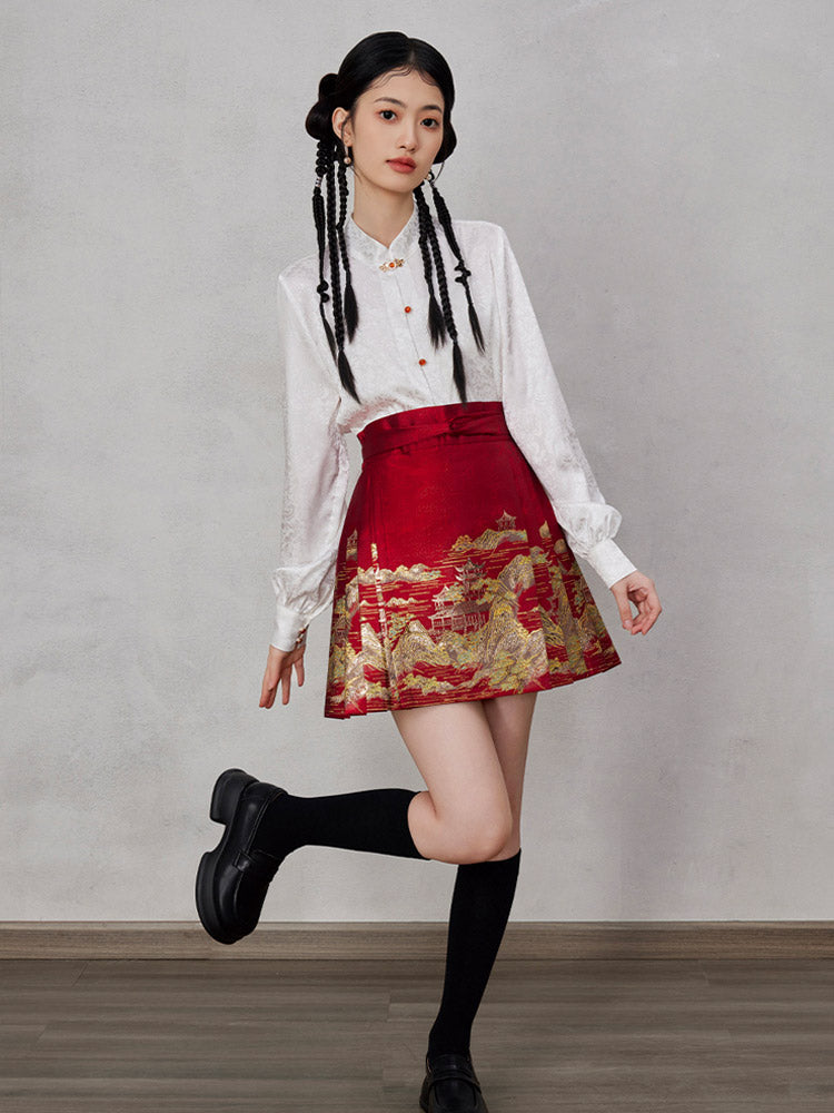 Mountains, Waters, and Pavilions – Woven Gold Short Mamianqun Skirt Neo-Hanfu Mini Skirt-11