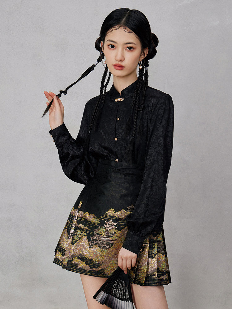 Mountains, Waters, and Pavilions – Woven Gold Short Mamianqun Skirt Neo-Hanfu Mini Skirt-03