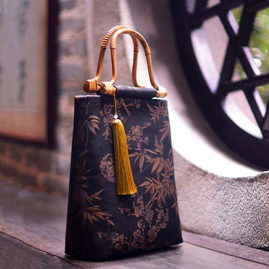 Sac fourre-tout avec poignée en bois fait à la main, style chinois rétro, imprimé bambou et prune