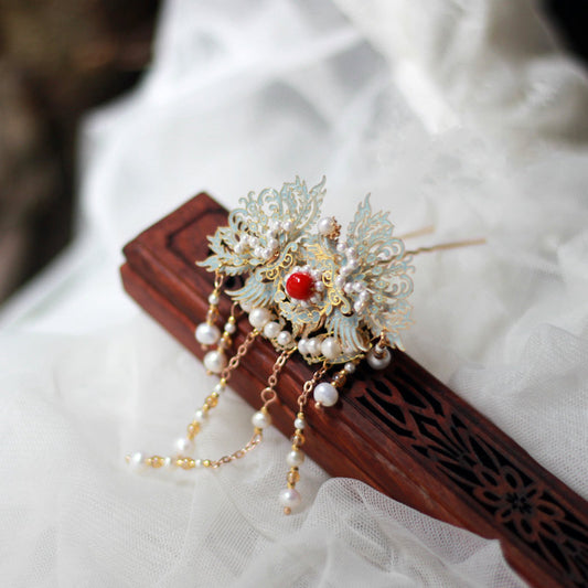 Épingle à cheveux à pampilles en perles cloisonnées bleues de Style chinois rétro, accessoire Hanfu