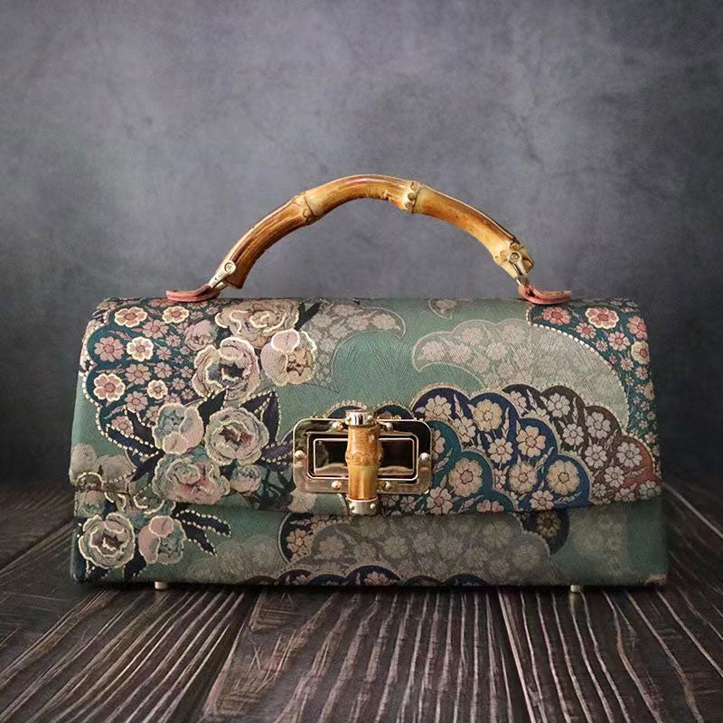 Roses vertes vintage faites à la main et fleurs Poignée en bambou Pochette en soie
