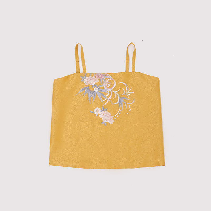 Feuilles de bambou, fleurs et broderie de chat, ensemble Hanfu rose décontracté