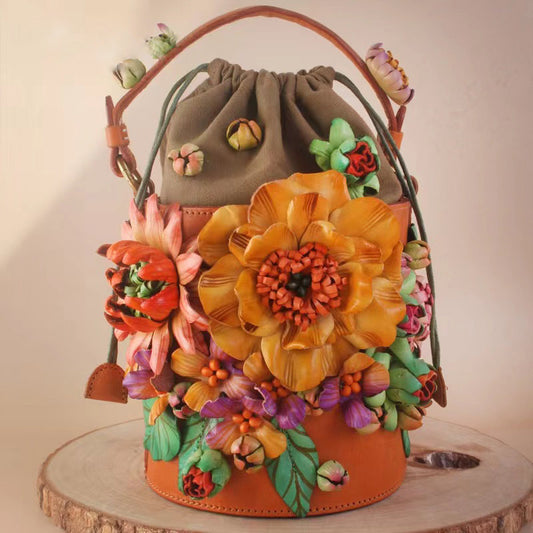 Sac à main Vintage en trois dimensions, Style grappe de fleurs, en cuir de vache pur fait à la main, sac seau artistique pour dames