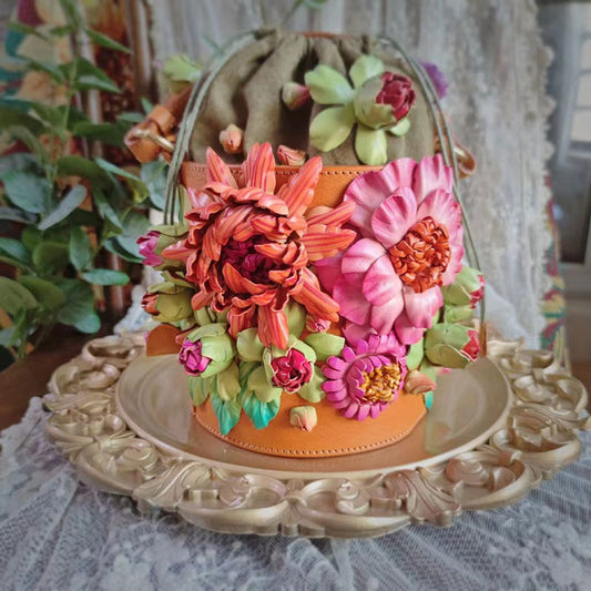 Sac à main en cuir fait à la main avec grappes de fleurs tridimensionnelles vintage, sac seau pour femmes