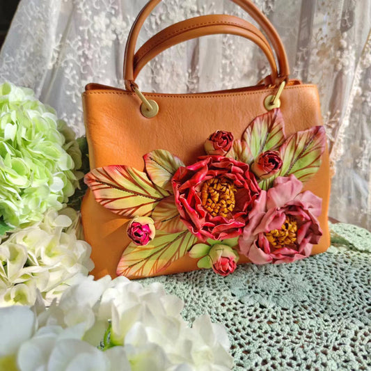 Sac à main vintage en forme de fleur de pivoine tridimensionnelle fait à la main pour femme