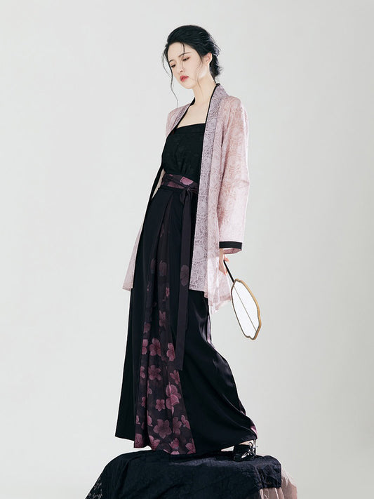 Song Style Pink and Black Morden Chinese Hanfu Set Peach Blossom Floral Print Skirt Set-01