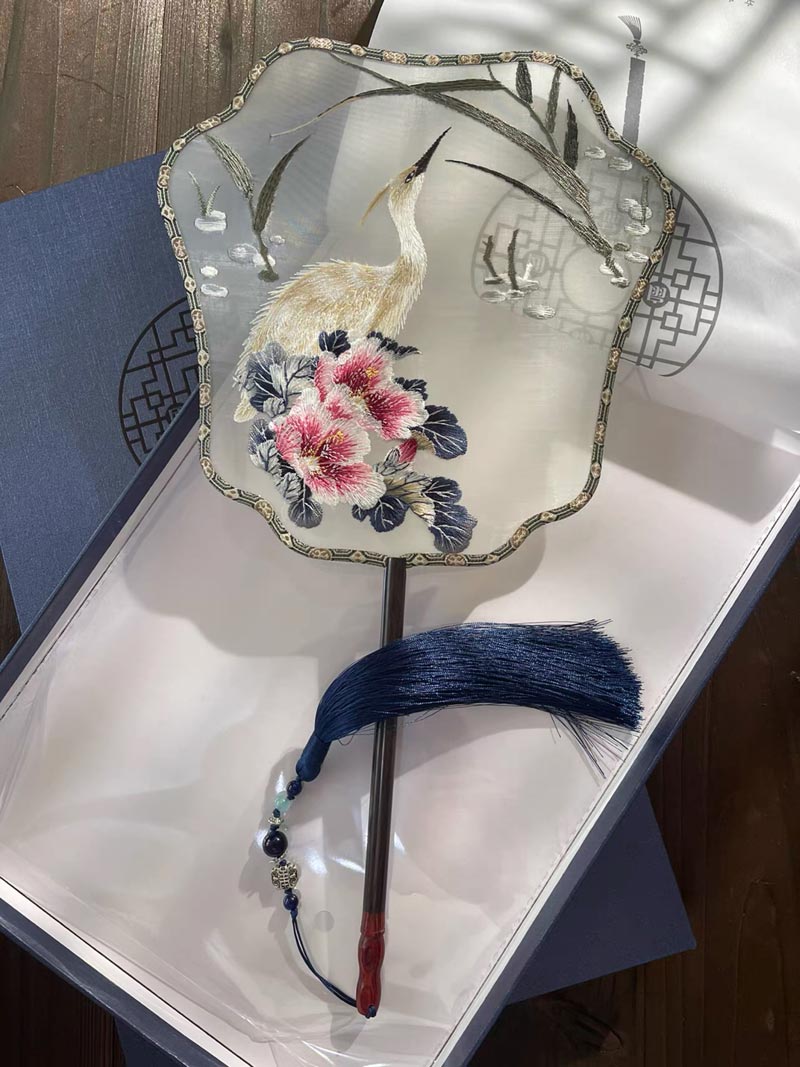 Heron Singing Among The Blooming Peonies - Traditional Chinese Fashion Single Side Embroidered Decorative Fan-01