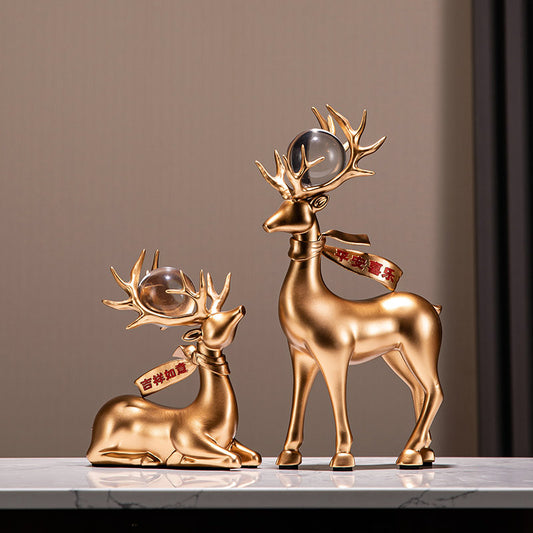 Peace and Joy, Good Luck - A Pair of Auspicious Deer Statues Home Decor