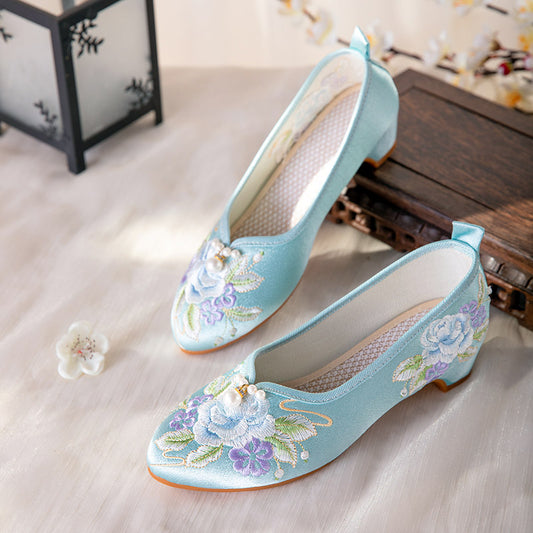 Escarpins pour femmes à talons bas brodés de fleurs vintage