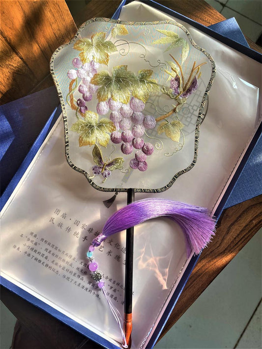 Grapes with Butterflies Flying Under the Vines Single Side Embroidered Handheld Fan Chinese Gift-01