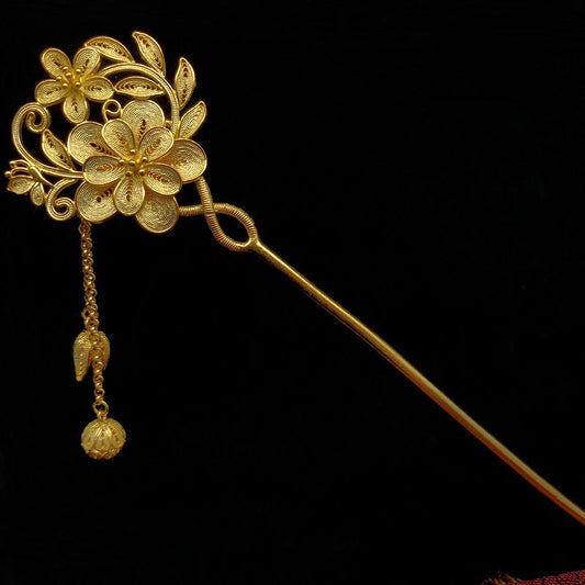 Fleurs en filigrane en argent sterling 999 de style chinois vintage fabriquées à la main sur la branche avec papillon, épingle à cheveux à pompon de boutons floraux