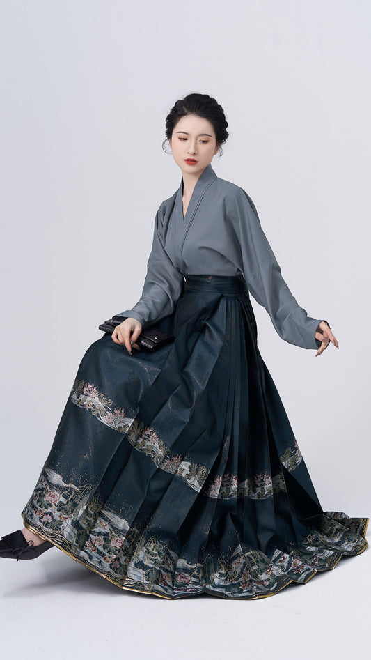 Fleur de lotus en fleurs dans la nuit dorée au clair de lune - Jupe Hanfu Mamianqun